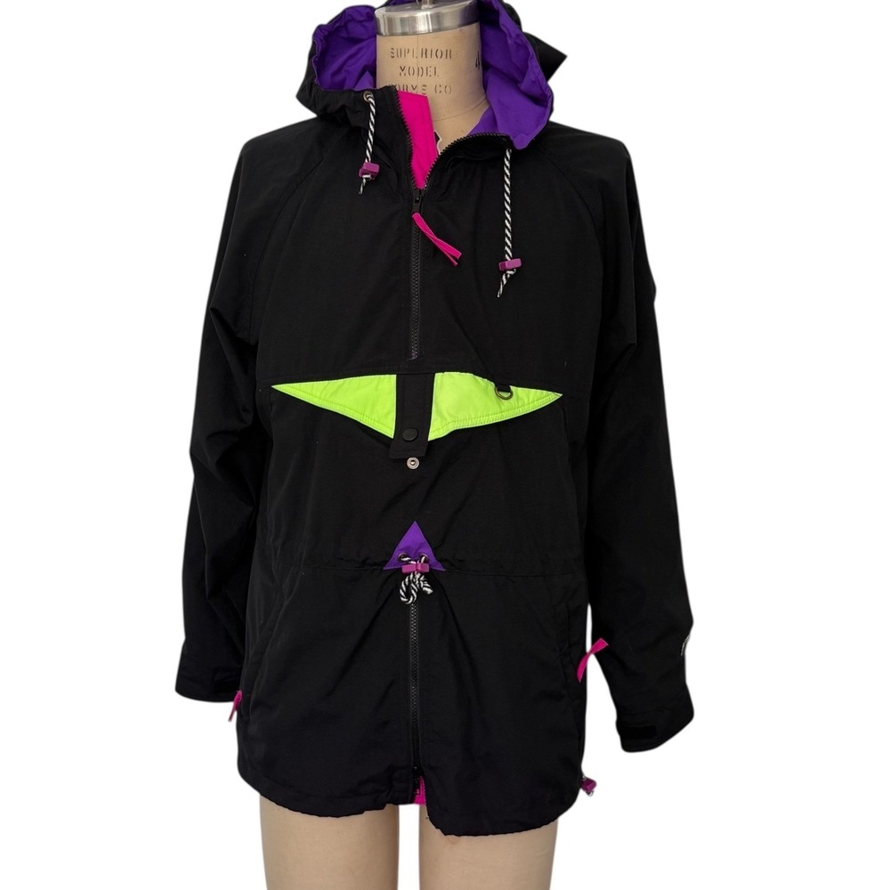 Helly Hansen Vintage 90s Sailing Jacket Black Neon Colorblock Hooded Mens Small